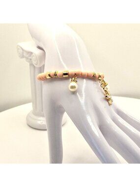 Starfish Charm Beaded Stretch Bracelet With Gold Accents & Faux Pearls For Women